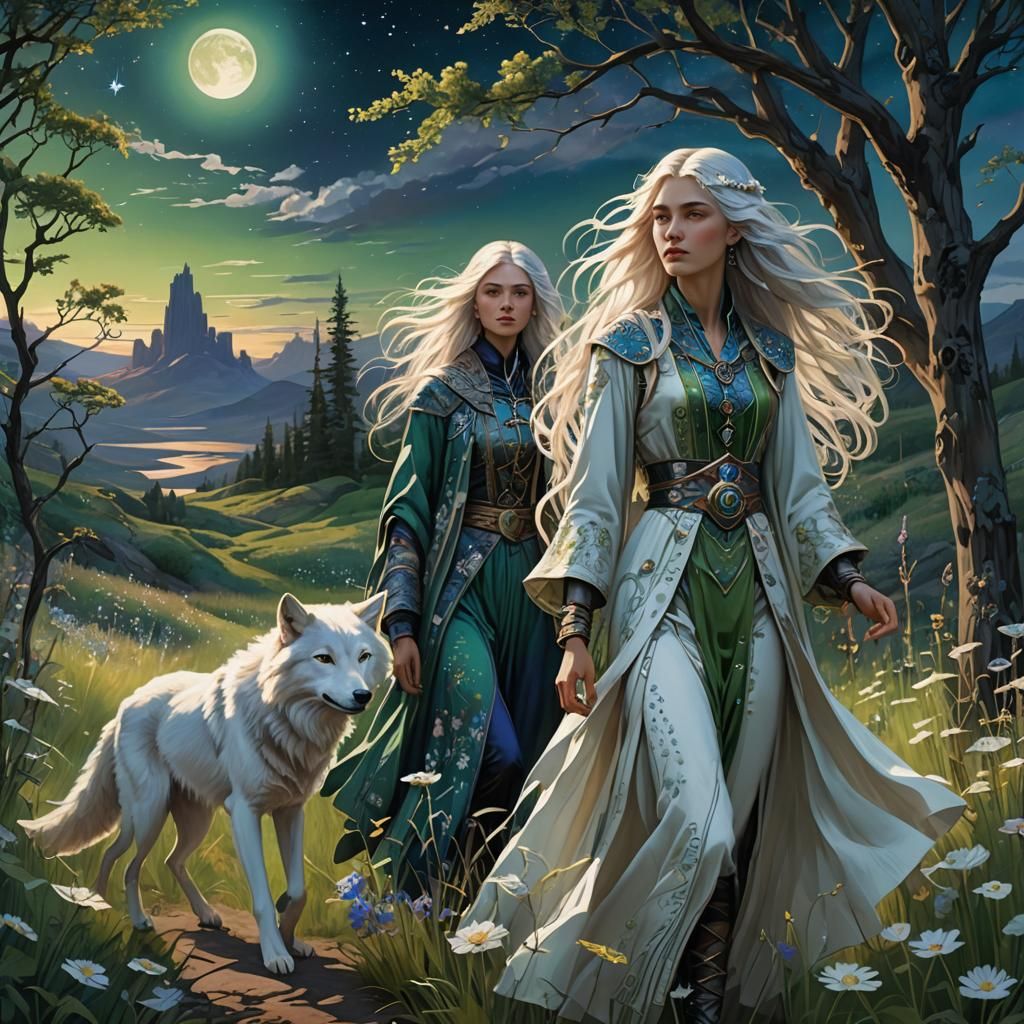 Girl and Wolf in Comet Night, Detailed Matte Painting