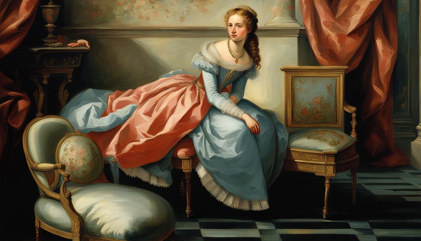 Renaissance Woman in Blue Gown: Oil Painting