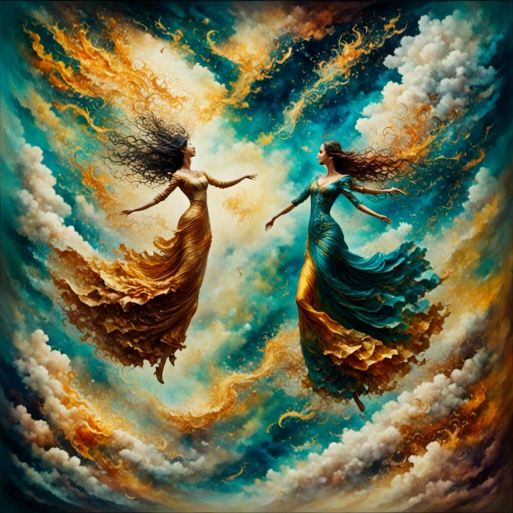 Surreal Beings in Gravity-Defying Dance, Oil on Canvas