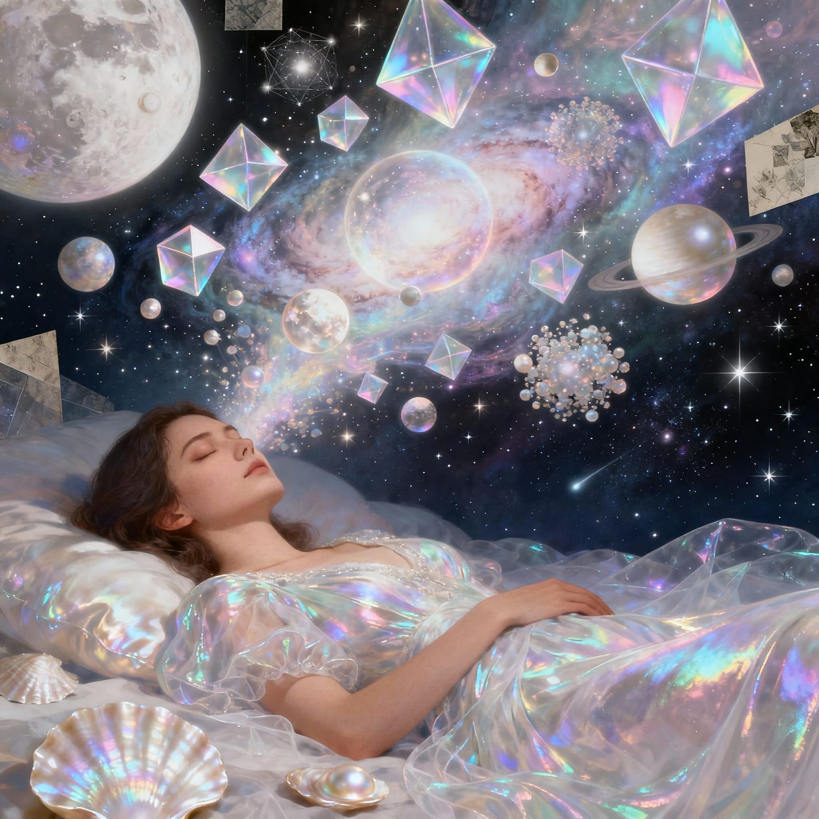 Dream World Unfolds From Sleeping Woman in Pearlescent Hues