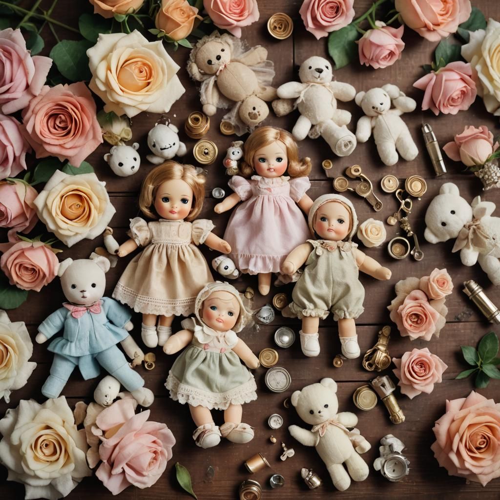 Nostalgic Macro Photograph of Vintage Dolls and Roses