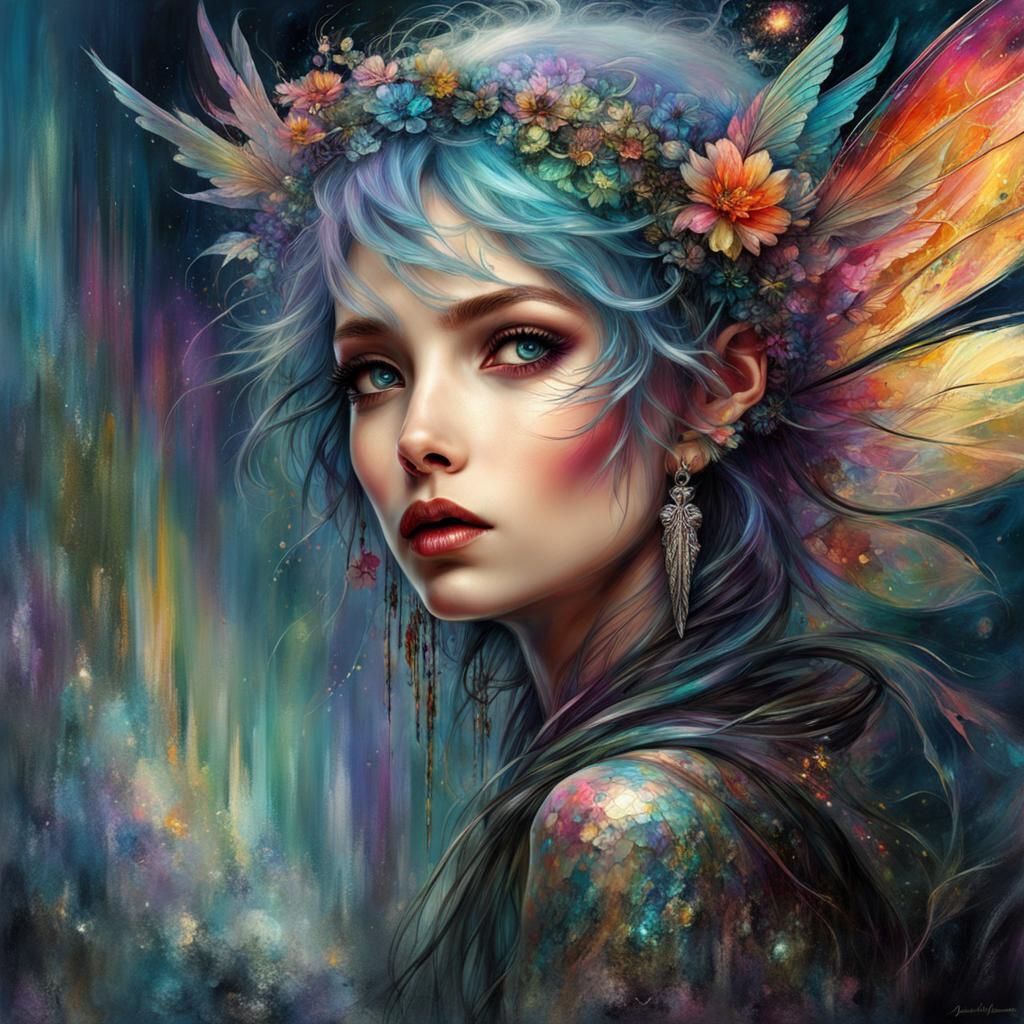 Gothic Punk Fairy with Iridescent Wings and Silver Outlines