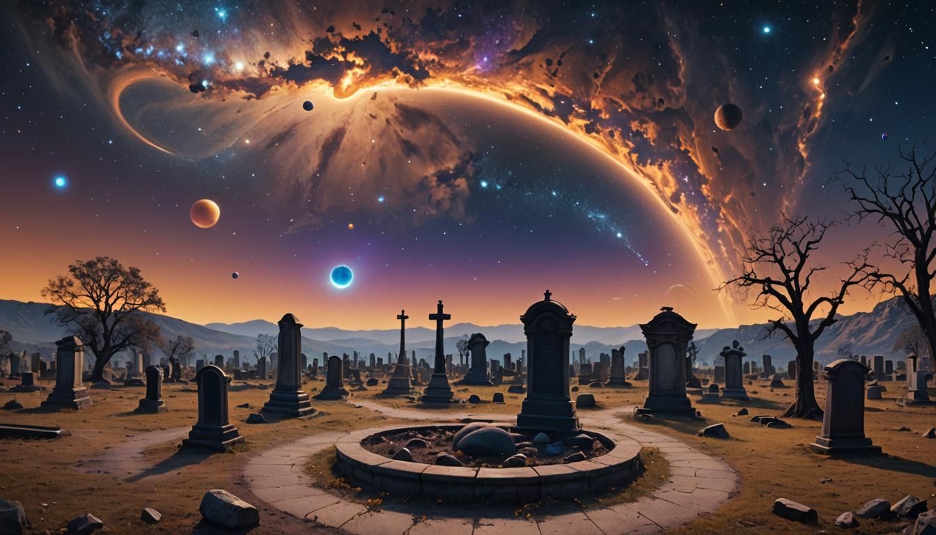 Eerie Graveyard Under Cosmic Portal, Digital Matte Painting