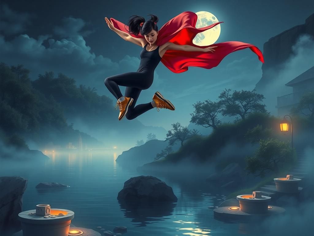 Girl Jumps Over Moonlit River in Futuristic Outfit