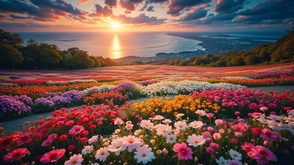 Vibrant Flower Fields Overlooking Osaka Bay in Japan