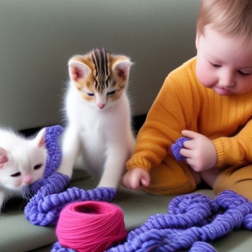 Kittens Playfully Entangled in Colorful Yarn