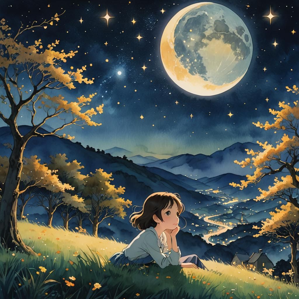 Dreamy Anime Girl Under Starry Night Sky