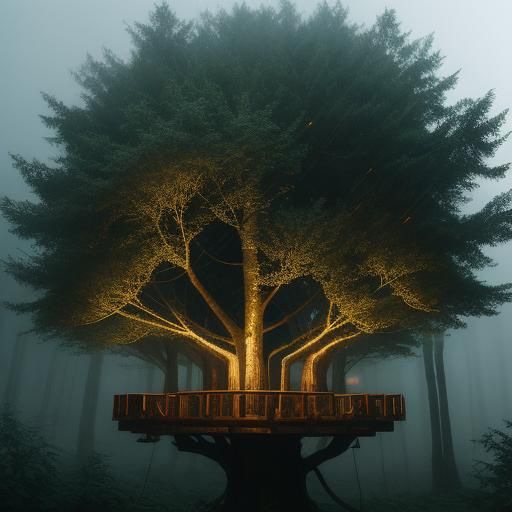 Enchanted Treehouses in Foggy Forest: Bokeh Photography