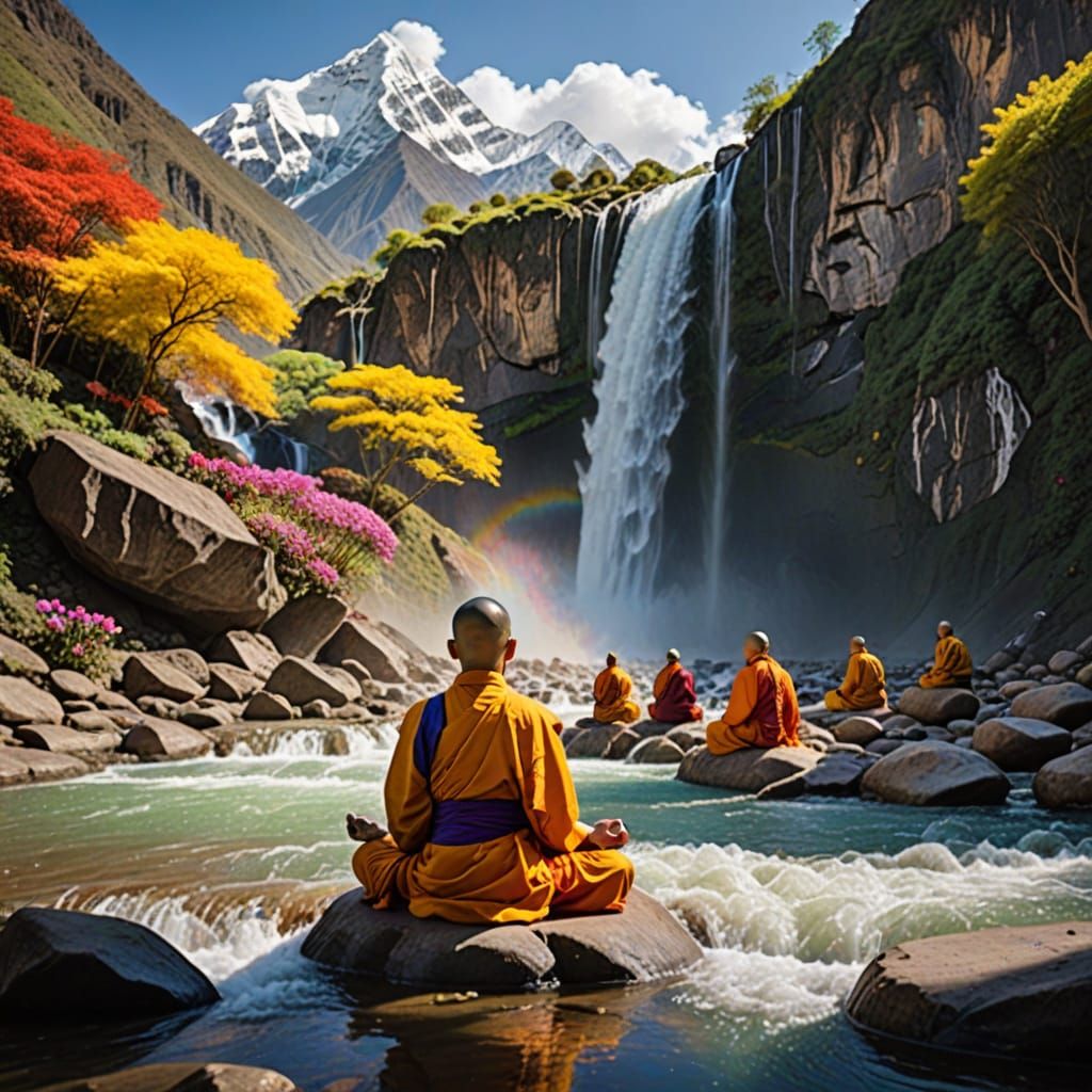 Peaceful Tibetan Monks Meditating by Waterfall