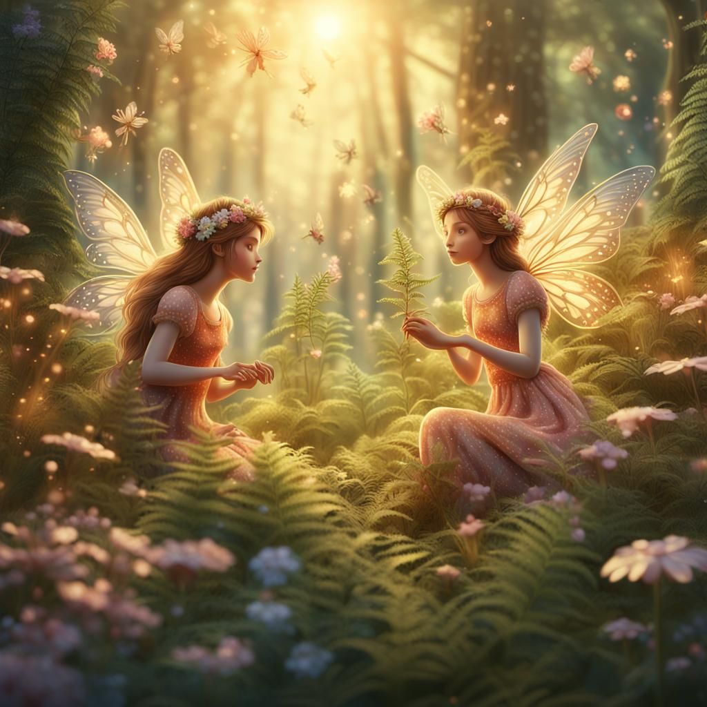 Fairies in Forest Glade: Whimsical Fantasy Illustration