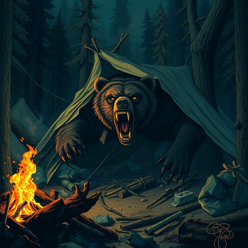 Terrifying Bear Rampage in Dark Forest Campsite