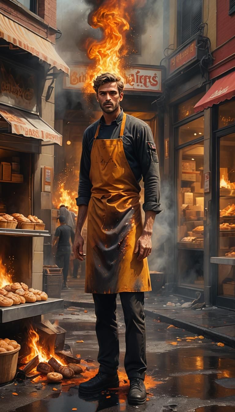 Baker's Fiery Loss: Hyperrealistic Bakery Concept Art