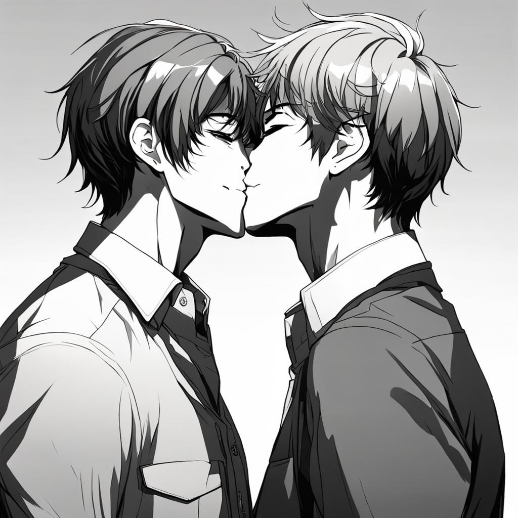 Two Men Kissing in Anime Style