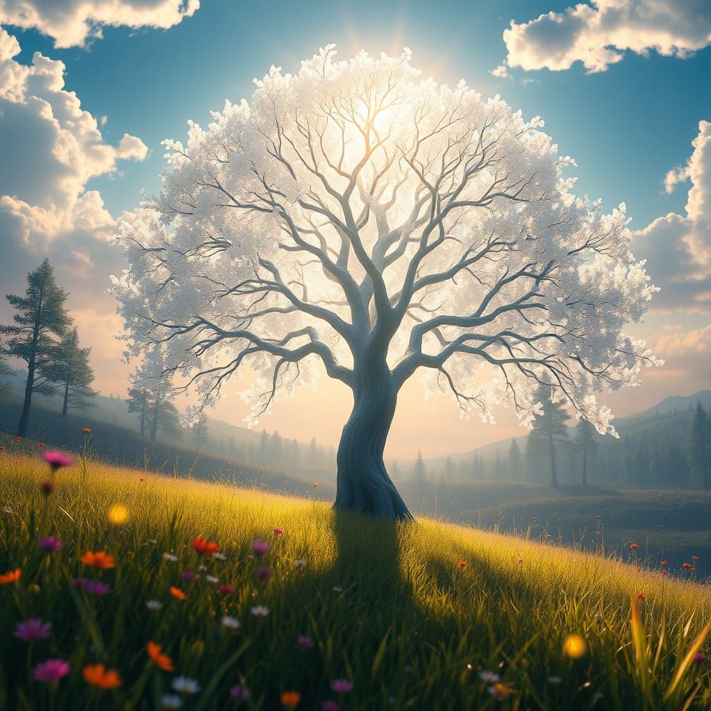 Ethereal Tree of Life in a Vibrant Sunlit Meadow