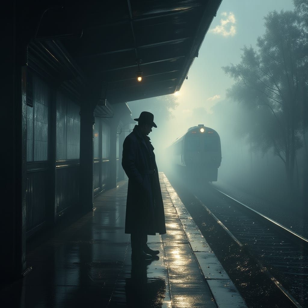 Figure on Misty Train Platform in Film Noir Style
