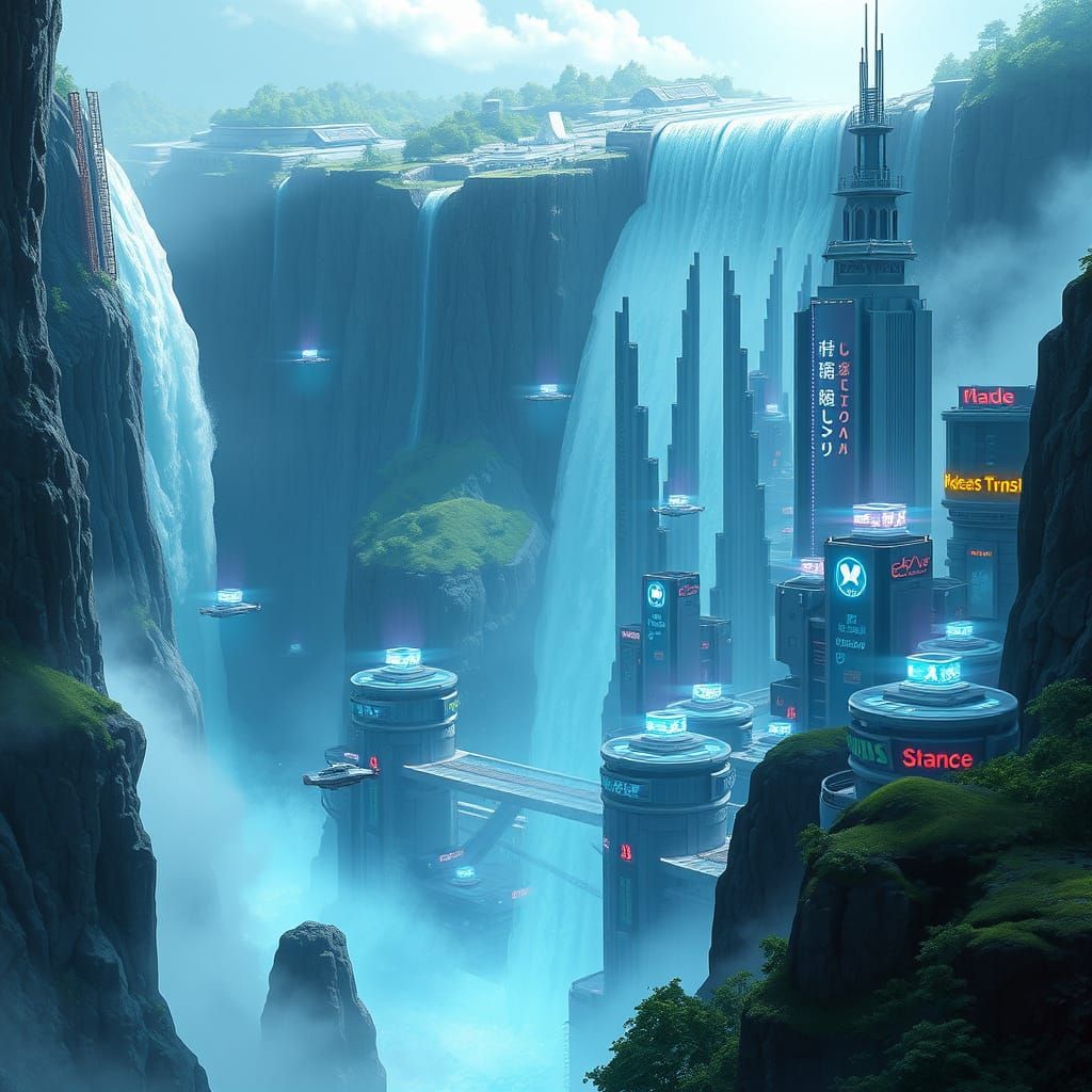 Futuristic Waterfall City in Neon Cyberpunk Style
