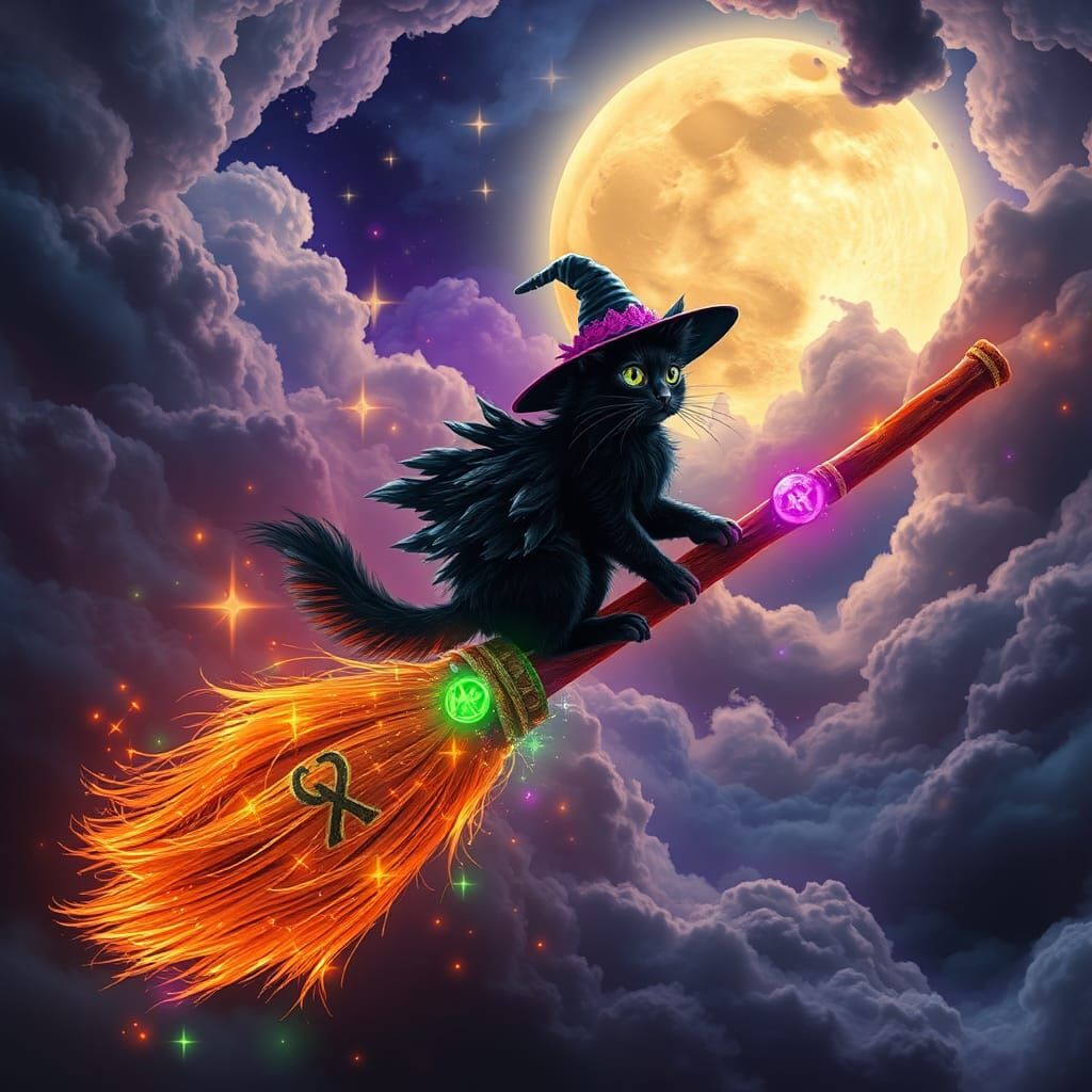 Cat Rides Magical Broomstick Through Stormy Night Sky