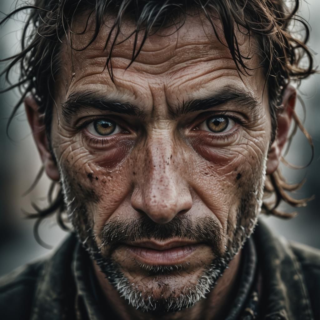 Intense Close-Up Portrait in Street Photography Style