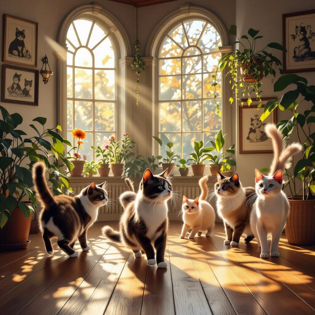 Playful Cats in Sunlit Room, Whimsical Illustration