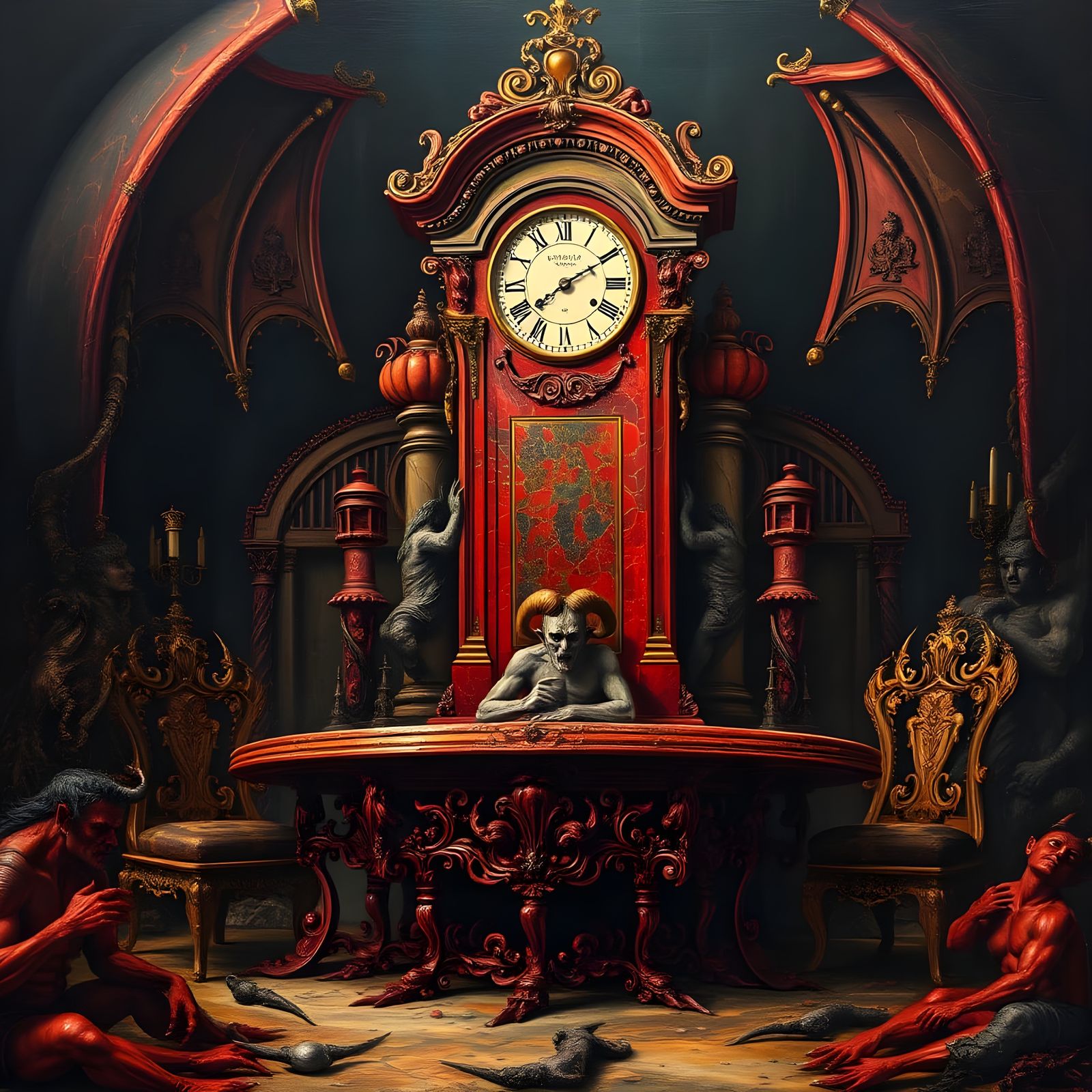 Crimson Clock in a Fantastical Hellscape, Impasto Style