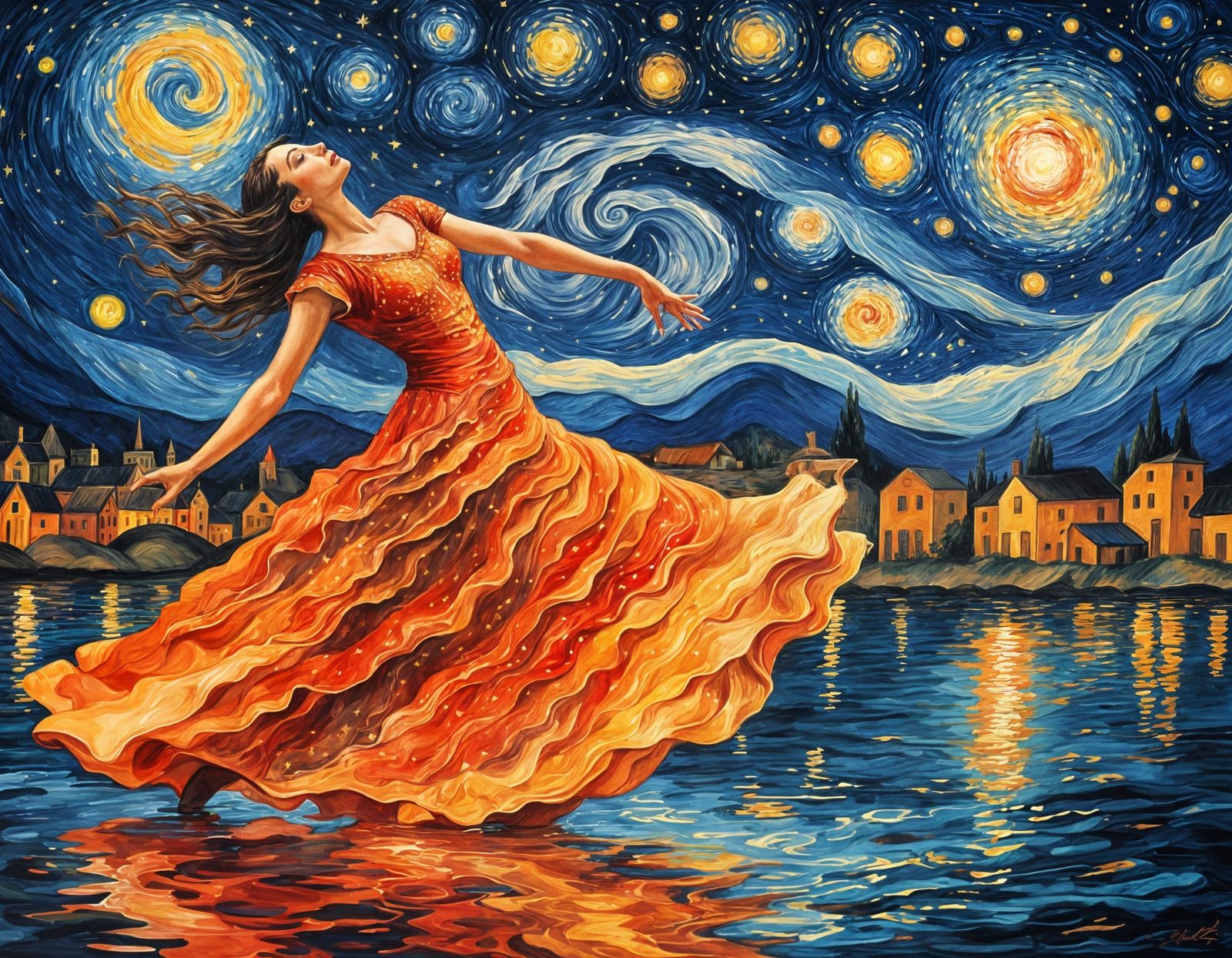 Flamenco Dancer in Fire Dress on Water