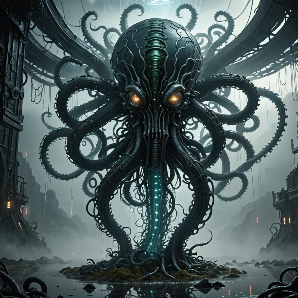 Cyberpunk Tentacle Grasping Brain in Glass