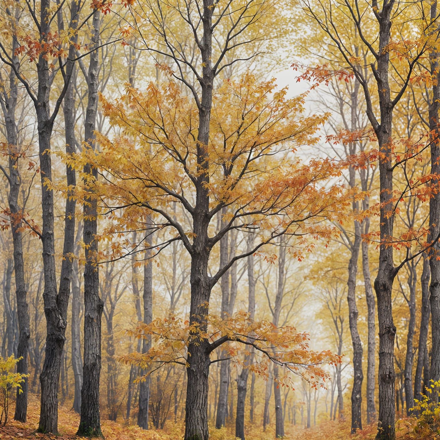 Autumnal Scene with Red and Yellow Leaves