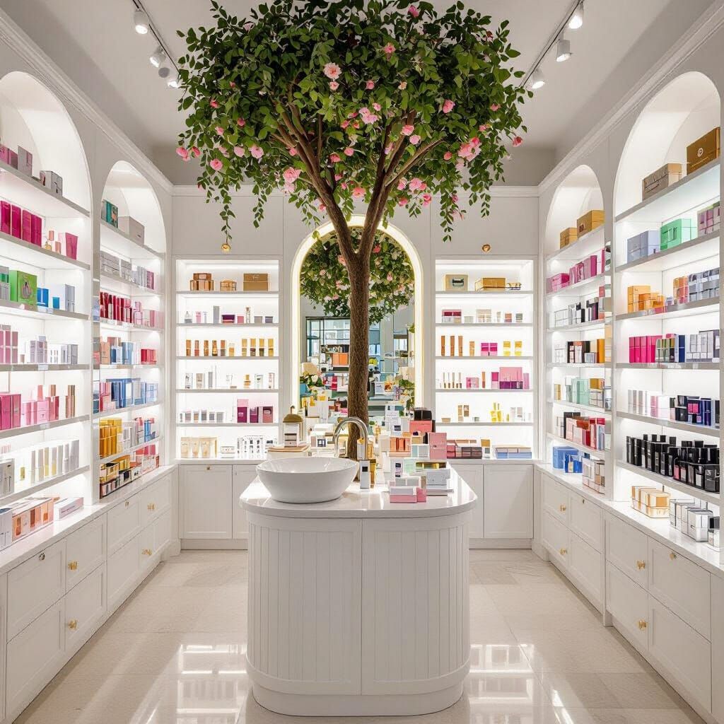 Modern Boutique Interior with Hanging Tree and Product Displ...