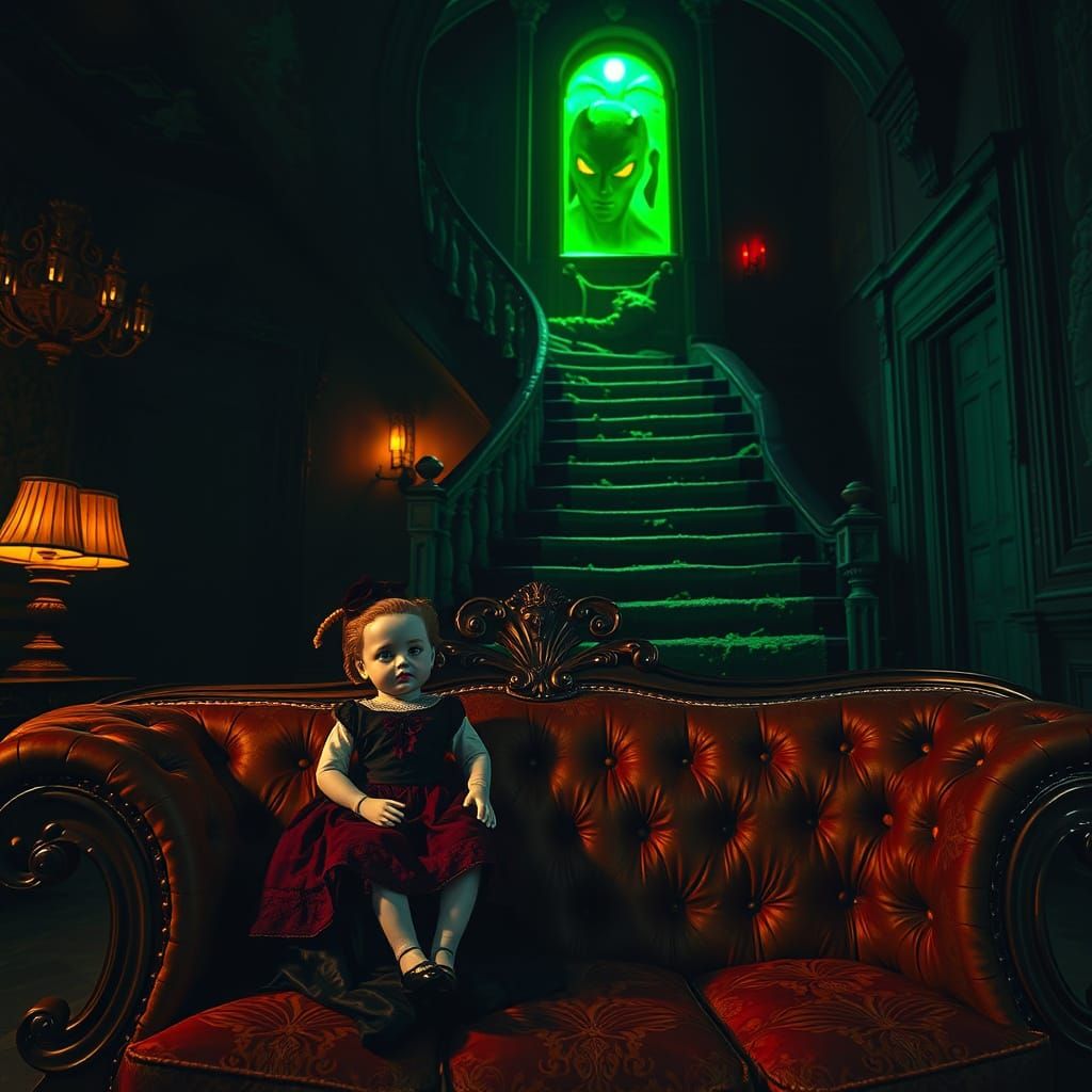 Ominous Victorian Doll in Haunted Room