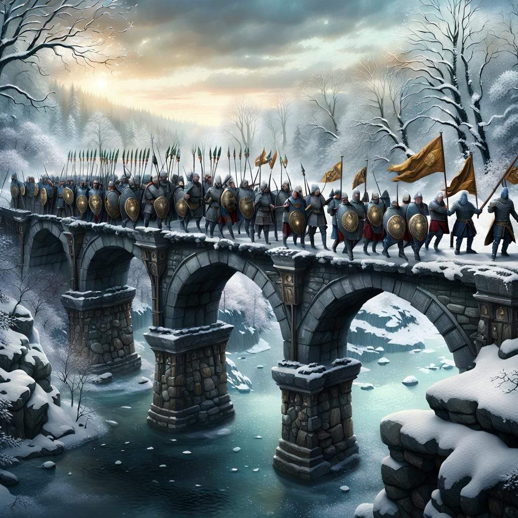 Medieval Army on Stone Bridge in Winter Woods