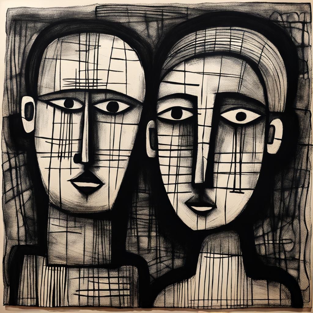 Art Brut Charcoal Drawing of a Man and Woman