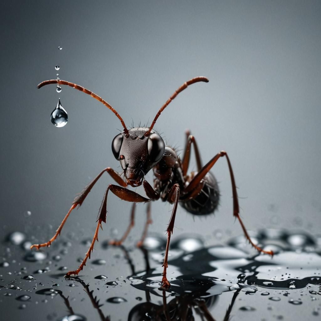 a ant drinking from a water drop