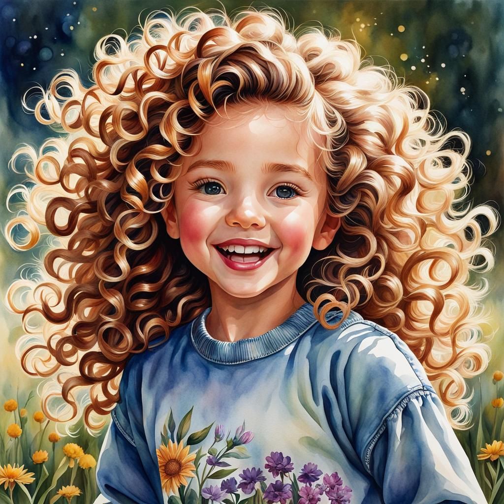 Girl with Curly Hair in Watercolor Painting