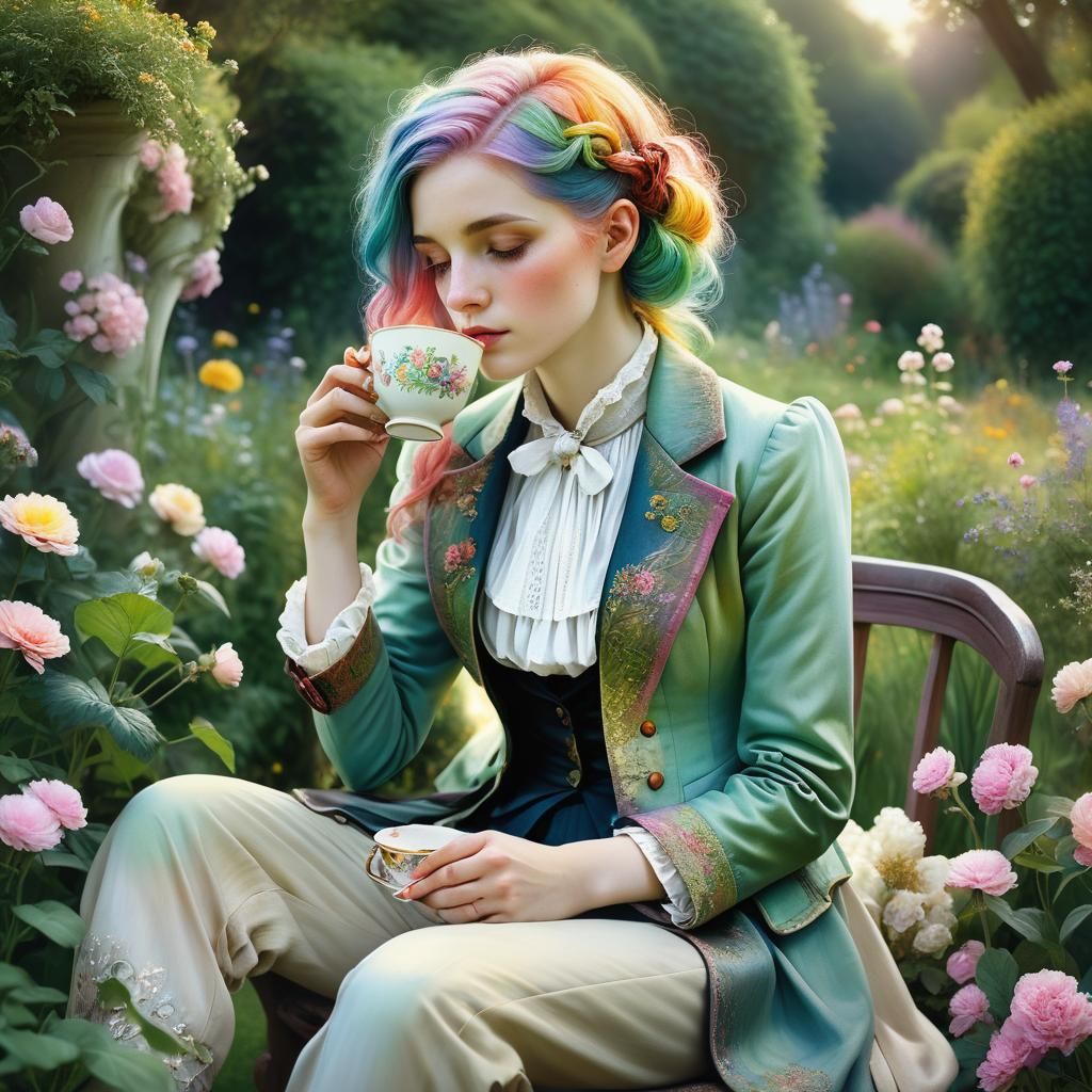Woman with Rainbow Hair: Ethereal Garden Portrait