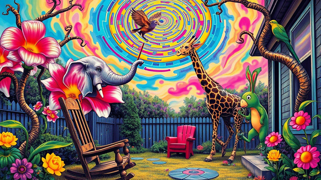 Psychedelic Backyard Scene Inspired by Salvador Dalí