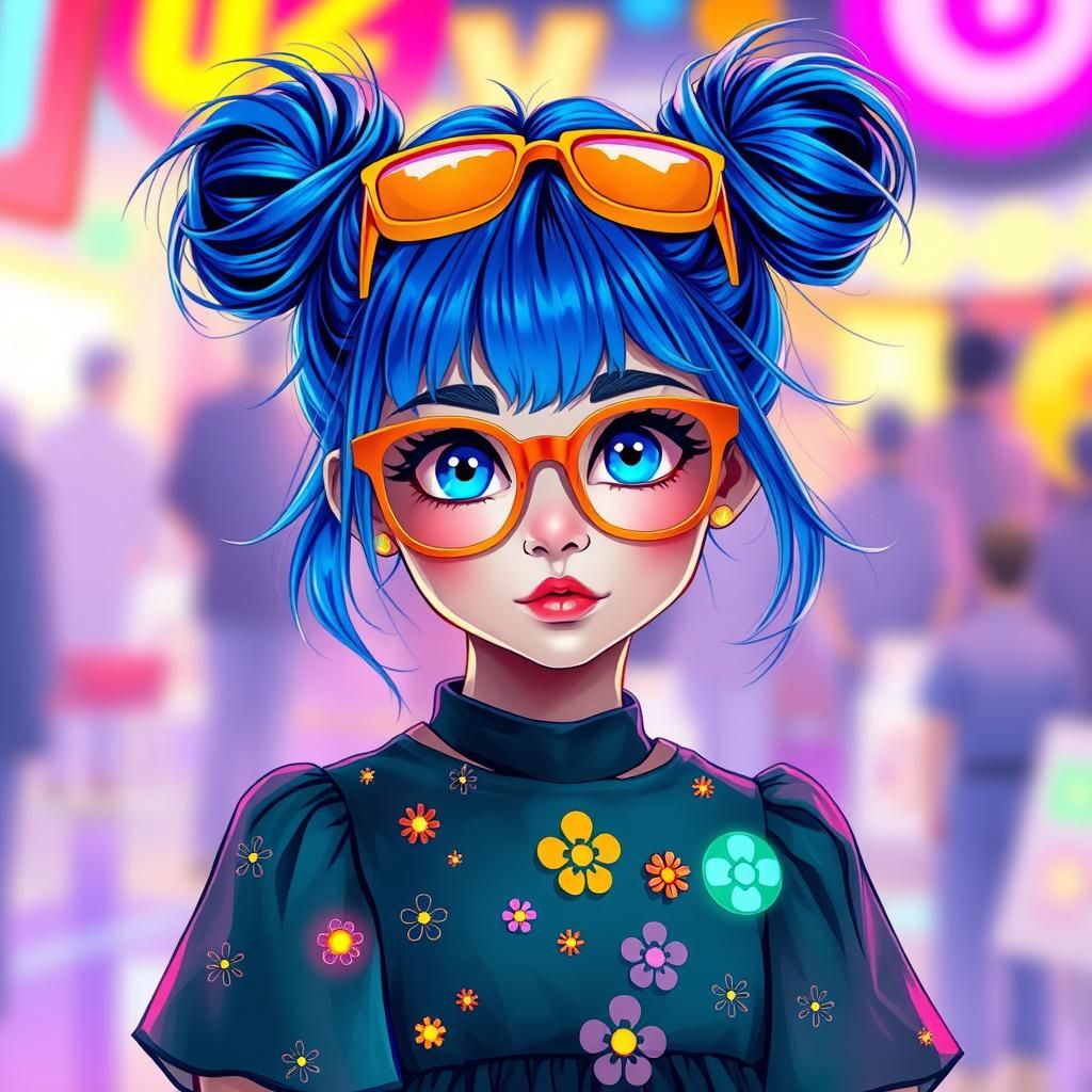 Blue-Haired Girl with Space Buns in Digital Art Style