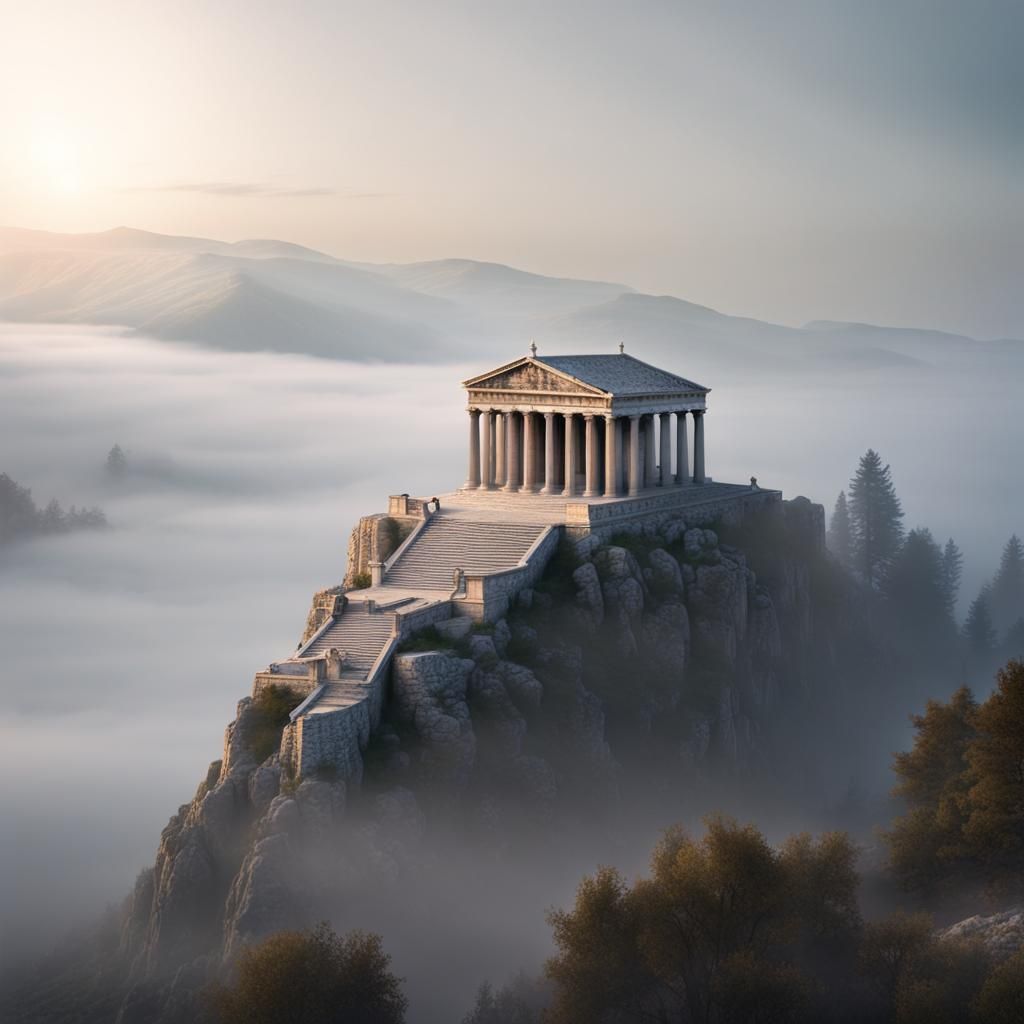 Greek-Roman Temple on Misty Mountain in 4K HDR