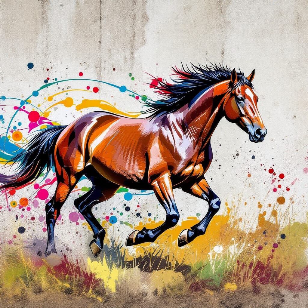 Dynamic Grazing horse image in grafitti lines of  ovement an...