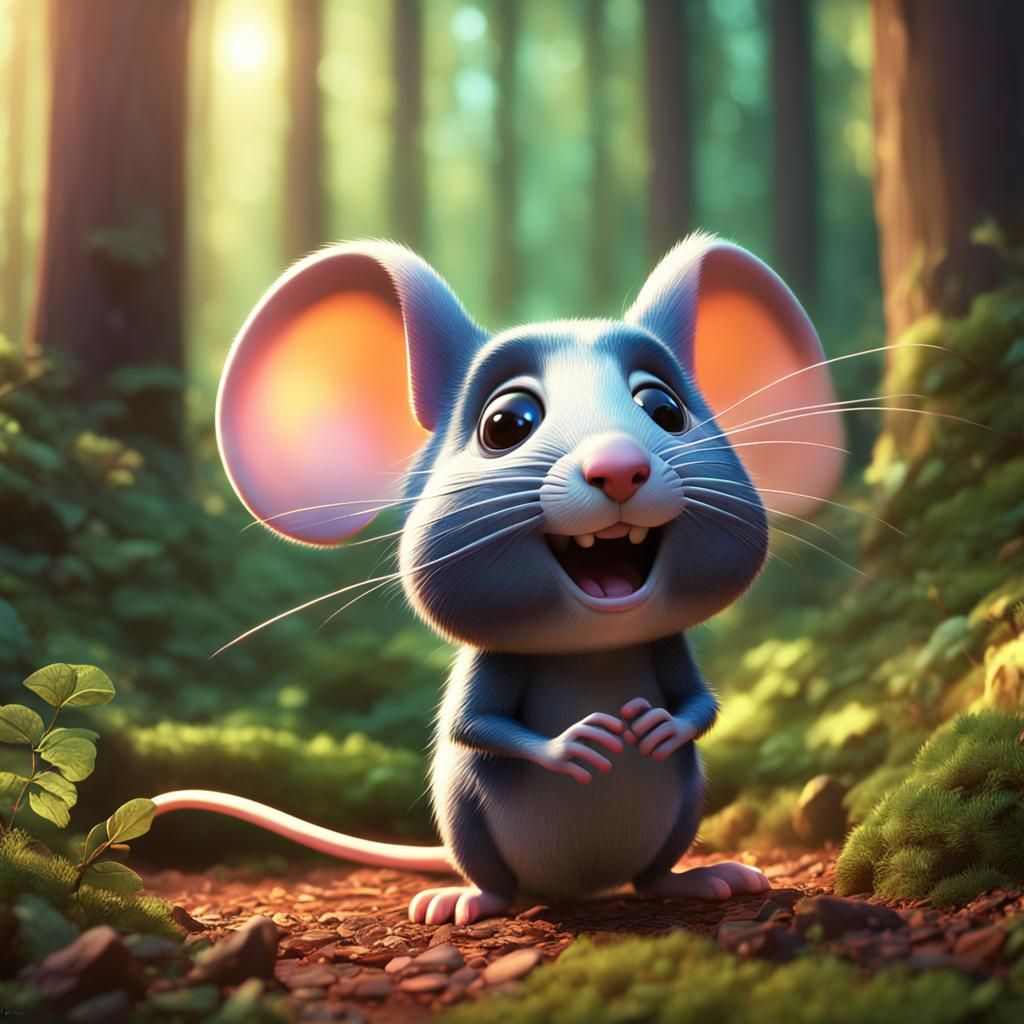 Pixar-Style Mouse in Forest: 3D Digital Art