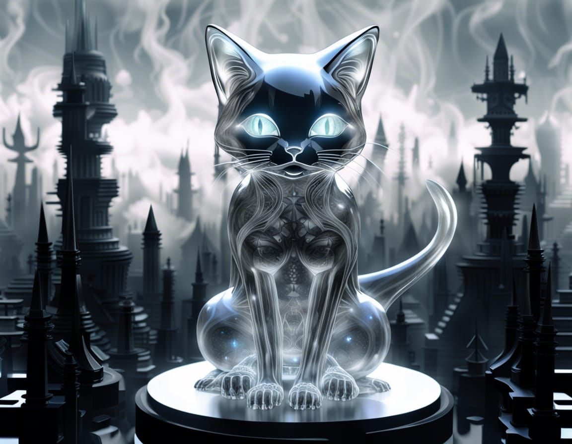 Crystalline Cat-Girl Emerges in Smoky H.R. Giger Style