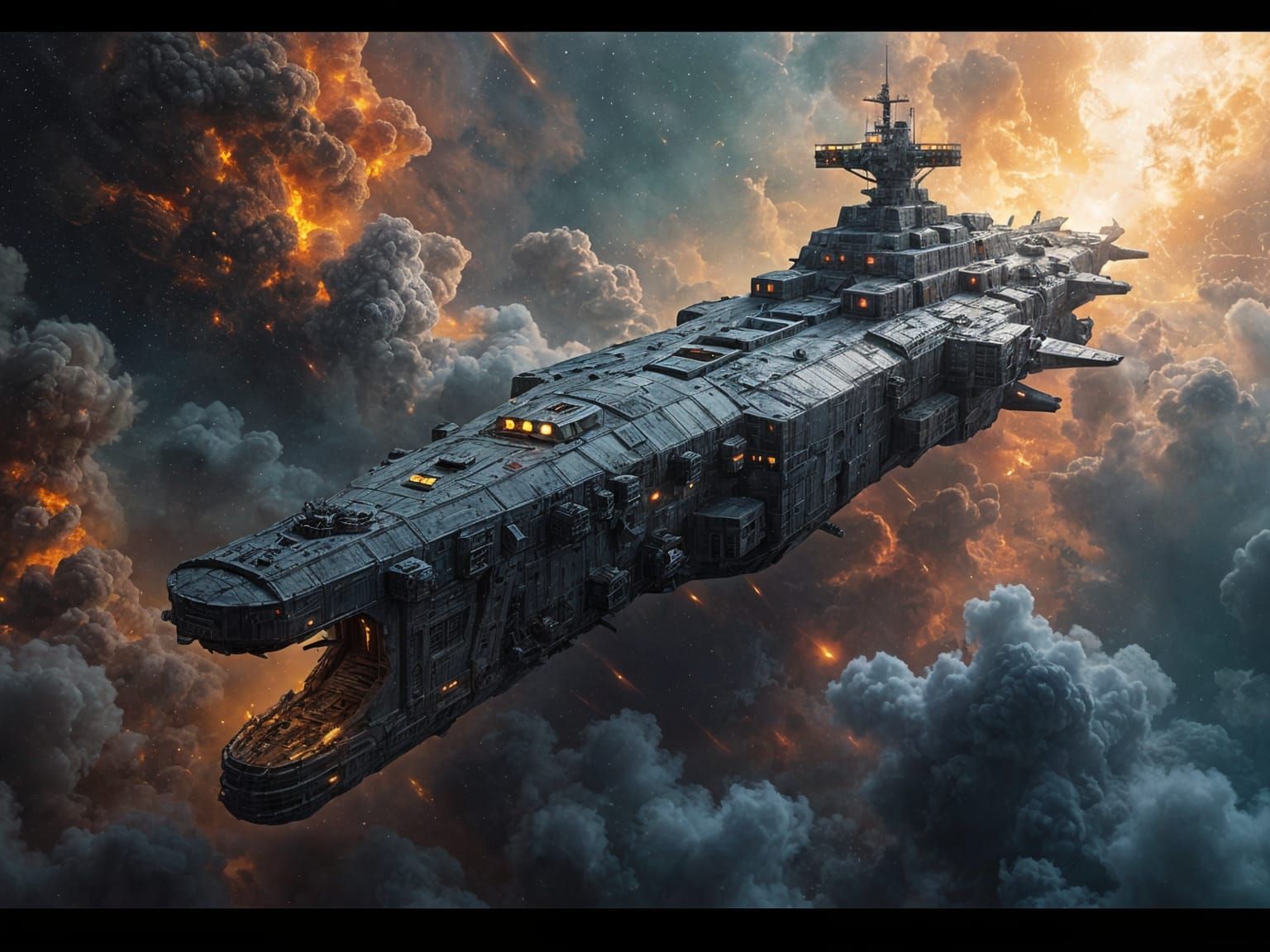 Colossal Ancient Warship Drifting Through Nebula