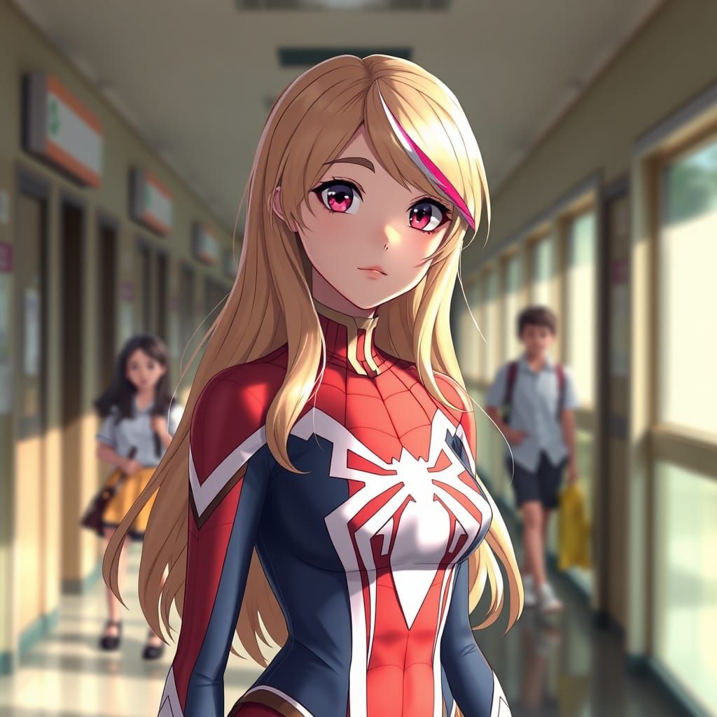 Anime Style Spidergirl Portrait in a School Hallway