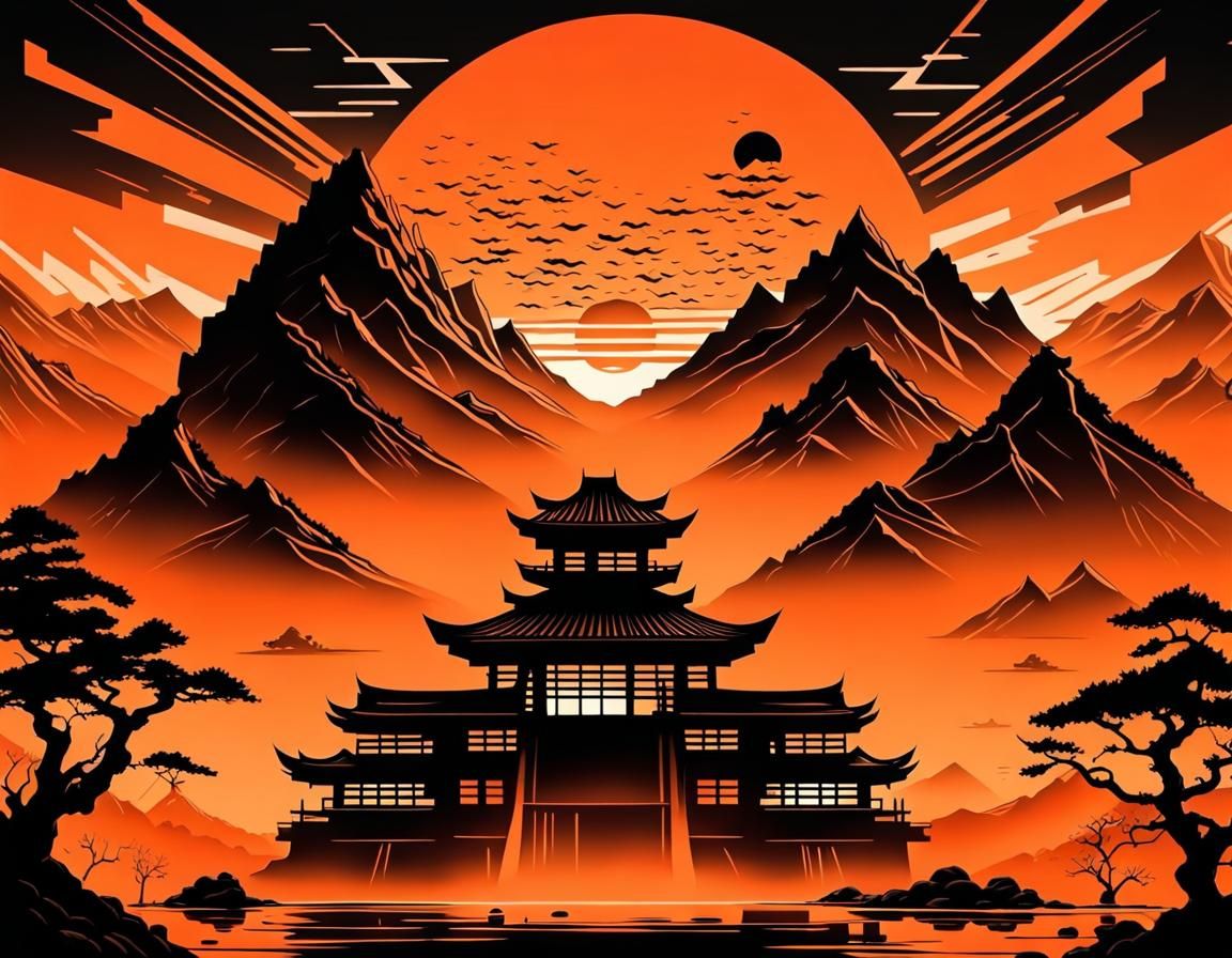 Dark Japanese Horror Landscape with Geometric Symbology