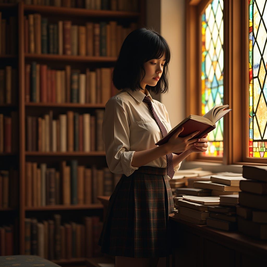Young Woman Reads in Library with Golden Hour Light