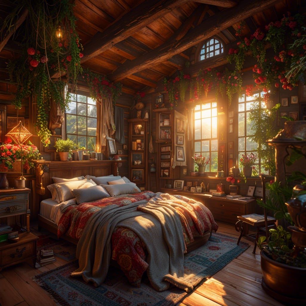 Cozy Cottage Bedroom Interior at Sunrise