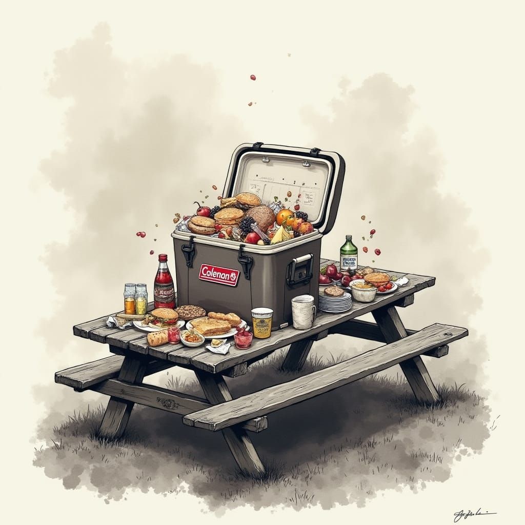 Greyscale Picnic Scene with Overflowing Coleman Cooler