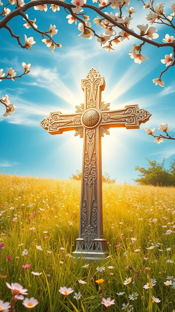 Ornate Cross Radiates Light in Lush Wildflower Meadow
