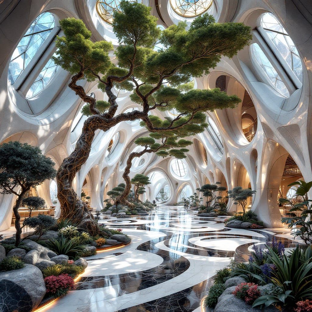 Futuristic Luxury Hall with Steampunk Garden