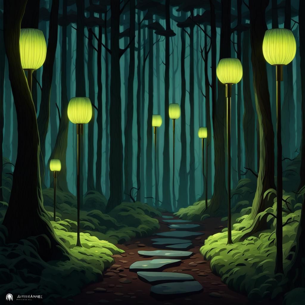 Eerie Forest Path Lit by Anime-Inspired Lamps