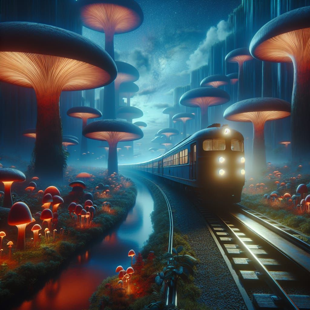 Surreal Train Journey Through Giant Mushroom Landscape
